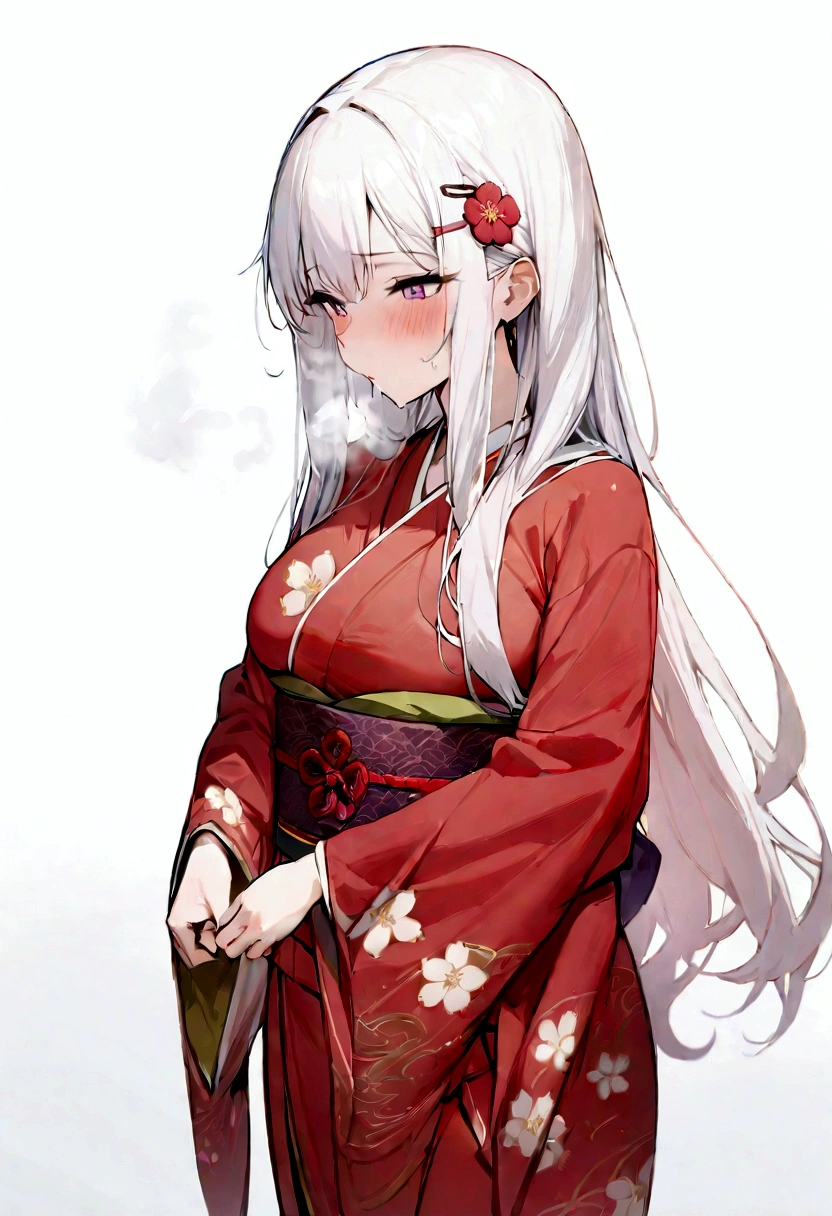 (masterpiece, best quality:1.2), 1girl, 独奏,long hair、White Hair、Plum blossom、Plum family crest、Red kimono、白髪のlong hair、、Plum hair ornament、Plum hair clip、White Hair、long hair、Plum motif accessories、Plum pattern、White background、whole body、breath,breath