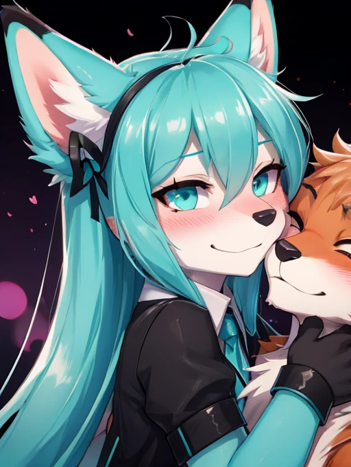 Miku Hatsune x vixen, closeup high definition, hug his furry tail, blushing face high definition, half body add_detail:1 