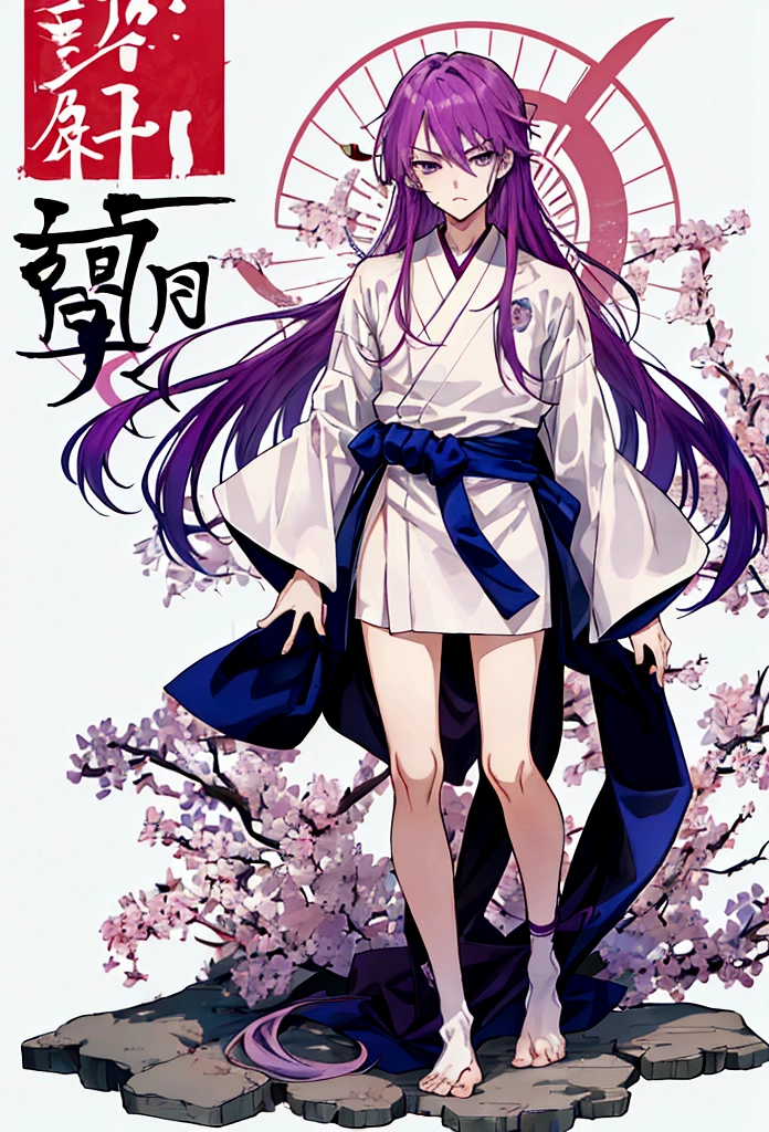 Boy with very long and intense violet hair, flushed with anger, shy, nervous, pointing forward, white t-shirt, slightly seen from above, full body, Japanese writing background, Japanese cover tags, Japanese lettering, professional manga cover, manga cover