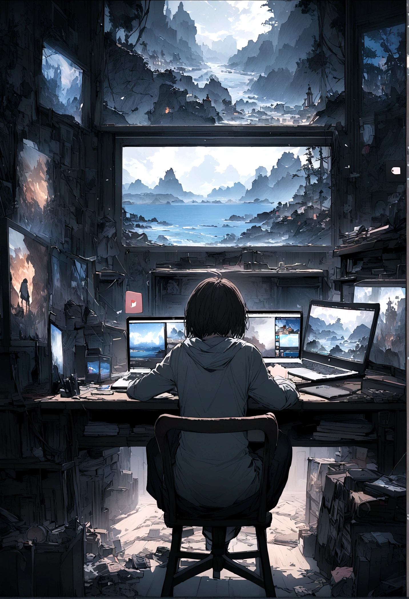  The protagonist sits at a cluttered desk with their laptop open. The screen shows a YouTube video editing software. Tabs at the top include a “sea art” website.