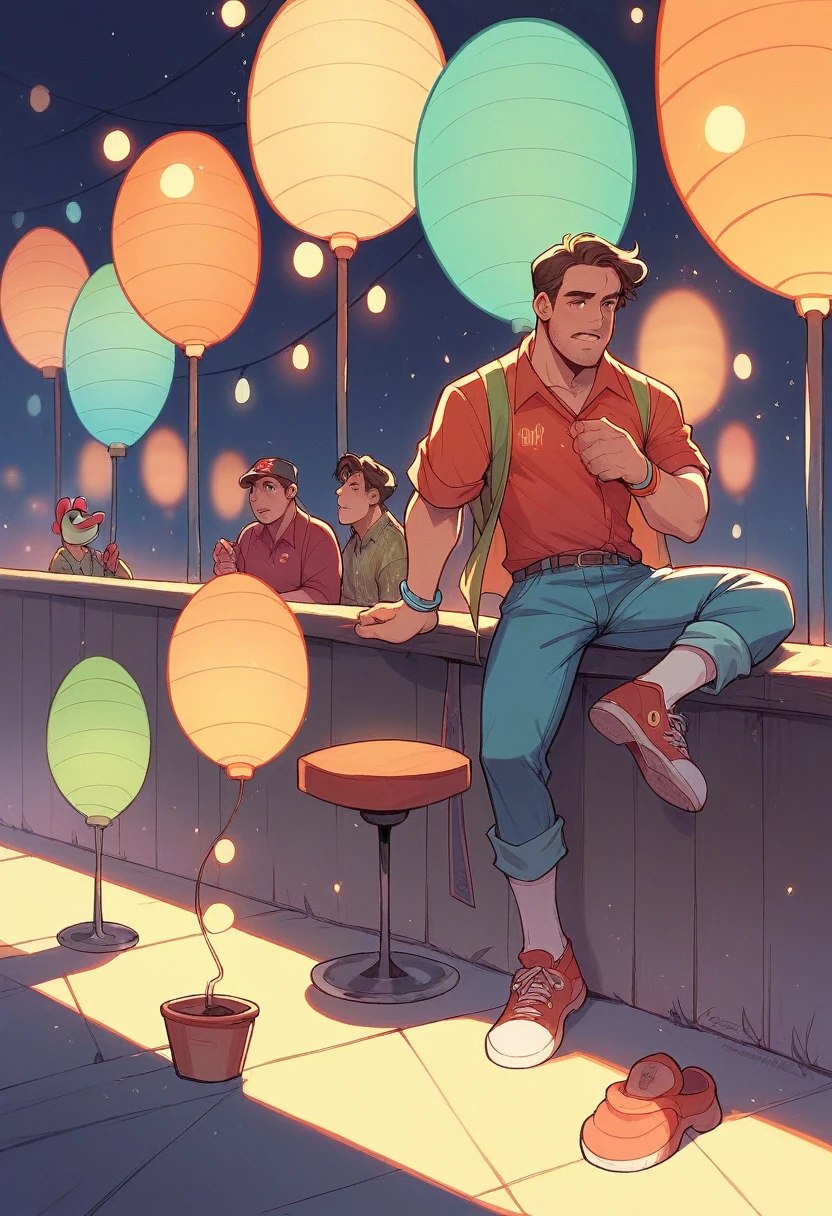 A chris martin, lionel messi and yoshi together with a coldplay concert in the background with the public with their bracelets with lights on