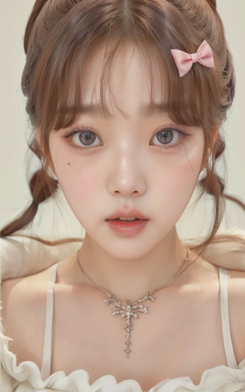 Jang Wonyoung, large eyes, full lips, doll lips, wide, wavy fur.