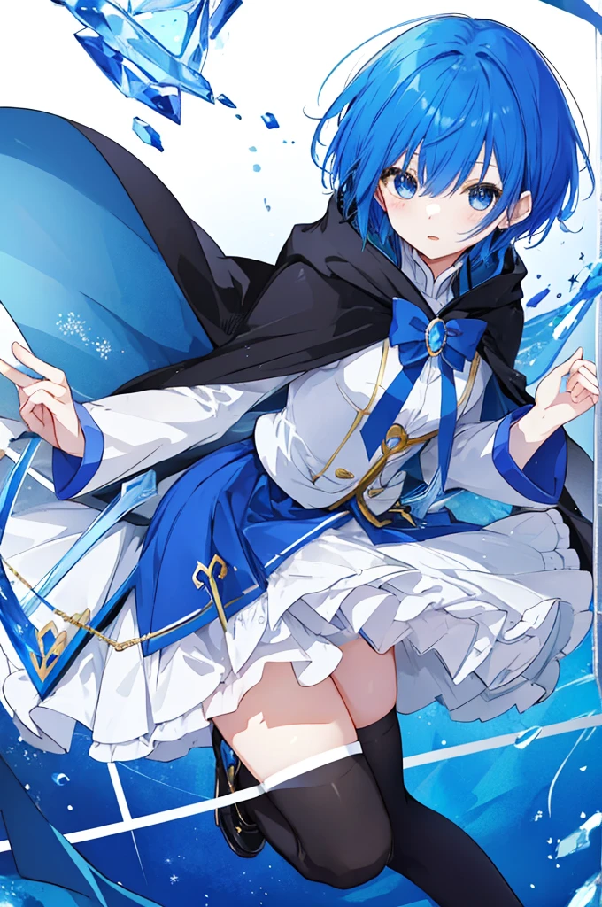 Magical Girl、Blue hair short、Black cloak、stockings