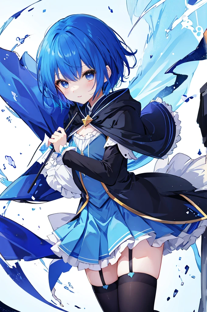 Magical Girl、Blue hair short、Black cloak、stockings
