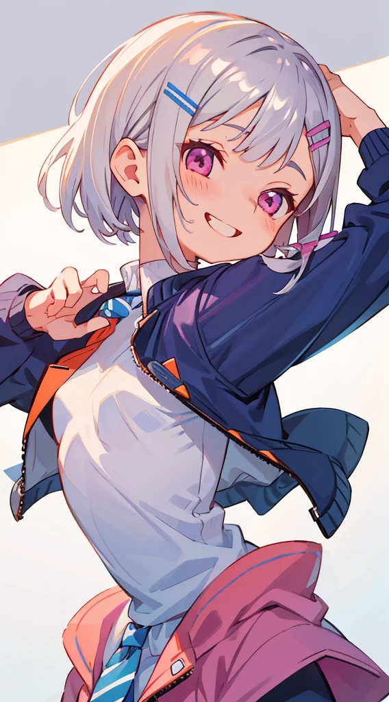 1girl、16歳のgirl、Riders jacket、Small breasts、Silver hair and short bob hairstyle、Tie your hair up with a hair clip、Beautiful pink eyes、smile、Laughing with your mouth open、From the side、Blue and orange tones、Upper body close-up