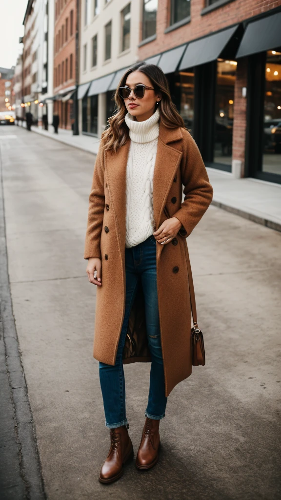 a woman wearing a brown teddy coat, white turtleneck sweater and jeans, light brown coat, coat, outfit photograph, wearing hunter coat, wearing a brown, wearing a long beige trench coat, outfit-of-the-day, brown tuffle coat, wearing a brown leather coat, outfit photo, wearing a fisher 🧥, wearing a long coat, winter vibes, brown sweater, relaxed style, cosy vibes, warm color clothes, wearing a duster coat, casual outfit, full body portrait shot,