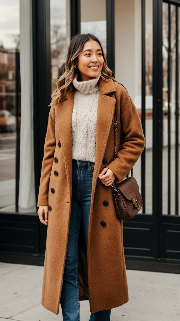 a woman wearing a brown teddy coat, white turtleneck sweater and jeans, light brown coat, coat, outfit photograph, wearing hunter coat, wearing a brown, wearing a long beige trench coat, outfit-of-the-day, brown tuffle coat, wearing a brown leather coat, outfit photo, wearing a fisher 🧥, wearing a long coat, winter vibes, brown sweater, relaxed style, cosy vibes, warm color clothes, wearing a duster coat, casual outfit, full body portrait shot,