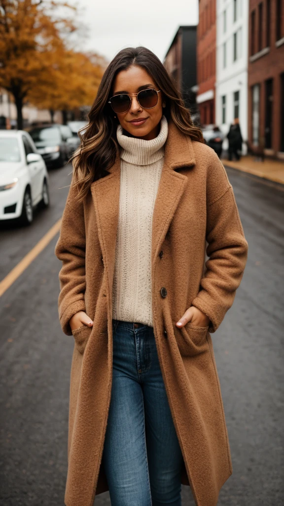 a woman wearing a brown teddy coat, white turtleneck sweater and jeans, light brown coat, coat, outfit photograph, wearing hunter coat, wearing a brown, wearing a long beige trench coat, outfit-of-the-day, brown tuffle coat, wearing a brown leather coat, outfit photo, wearing a fisher 🧥, wearing a long coat, winter vibes, brown sweater, relaxed style, cosy vibes, warm color clothes, wearing a duster coat, casual outfit, full body portrait shot,