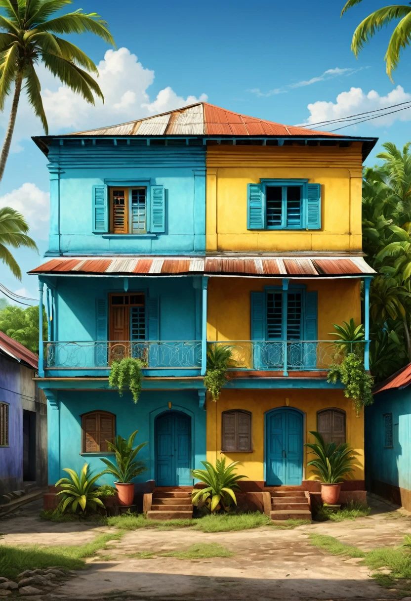 realistic illustration of carib style background, old style, full picture, detailed view, front view, houses, place between houses, ground, old style 