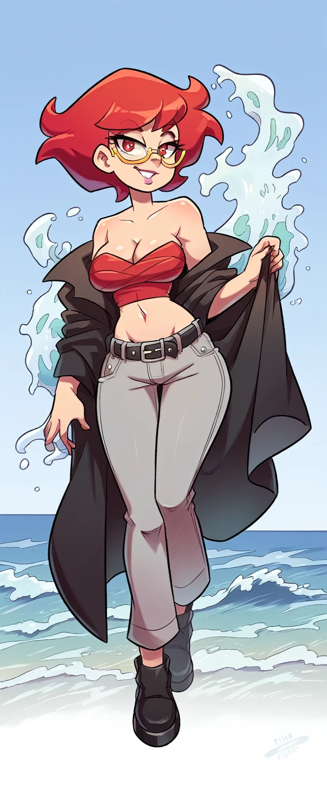 A tall woman, big, big chest, sexy, cool, waves, tough, bright red hair, long wavy, her light red eye, medium eyelash, black, pink lip, she dresses in a metallic black coat underneath, red top, tied knot, shows navel, light gray pants, wearing a black belt, black shoe, she wears yellow glasses, only her head