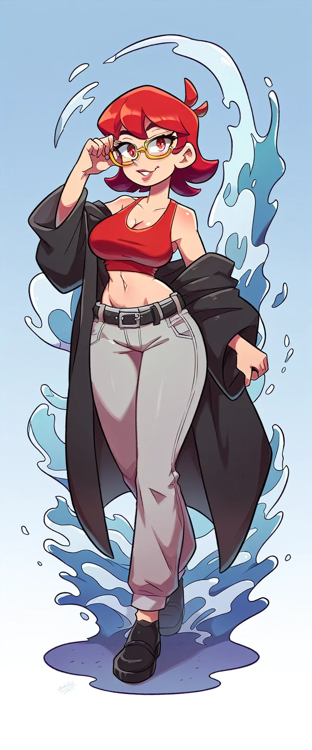 A tall woman, big, big chest, sexy, cool, waves, tough, bright red hair, long wavy, her light red eye, medium eyelash, black, pink lip, she dresses in a metallic black coat underneath, red top, tied knot, shows navel, light gray pants, wearing a black belt, black shoe, she wears yellow glasses, only her head