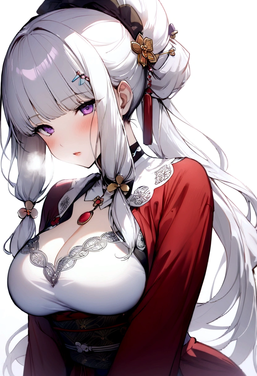 Beautifully tied hair、Hair clip、Hair tied up with hair accessories、(masterpiece, best quality:1.2), 1girl, 独奏,long hair、White Hair、Plum blossom、Plum family crest、Red kimono、白髪のlong hair、、Plum hair ornament、梅のHair clip、White Hair、long hair、Plum motif accessories、Plum pattern、White background、whole body、breath,breath、Hair Up、