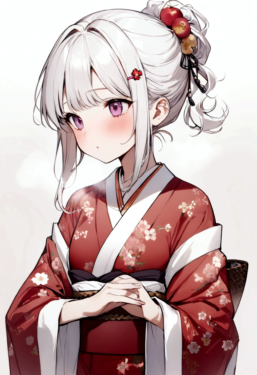 Beautifully tied hair、Hair clip、Hair tied up with hair accessories、(masterpiece, best quality:1.2), 1girl, 独奏,long hair、White Hair、Plum blossom、Plum family crest、Red kimono、白髪のlong hair、、Plum hair ornament、梅のHair clip、White Hair、long hair、Plum motif accessories、Plum pattern、White background、whole body、breath,breath、Hair Up、