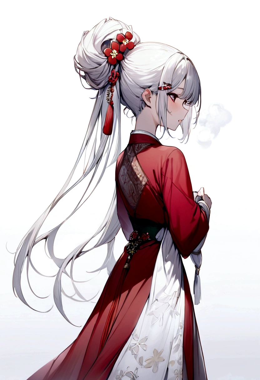 Beautifully tied hair、Hair clip、Hair tied up with hair accessories、(masterpiece, best quality:1.2), 1girl, 独奏,long hair、White Hair、Plum blossom、Plum family crest、Red kimono、白髪のlong hair、、Plum hair ornament、梅のHair clip、White Hair、long hair、Plum motif accessories、Plum pattern、White background、whole body、breath,breath、Hair Up、
