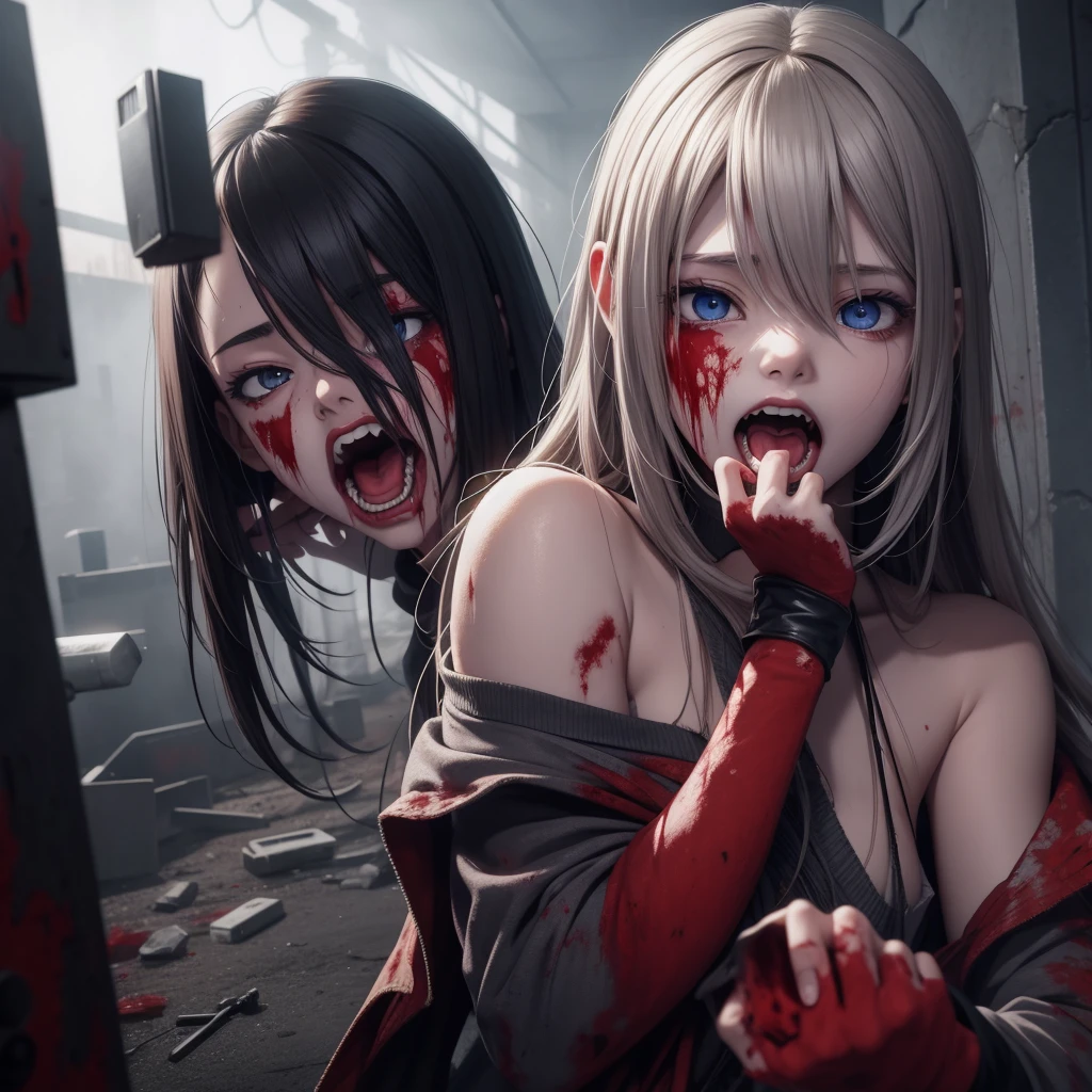 Anime beautiful girl, zombie, screaming, bloodshed, bleeding, bloodstain, blood mist, infection, madness, assault, surprise attack, seclusion, optics, tattered
