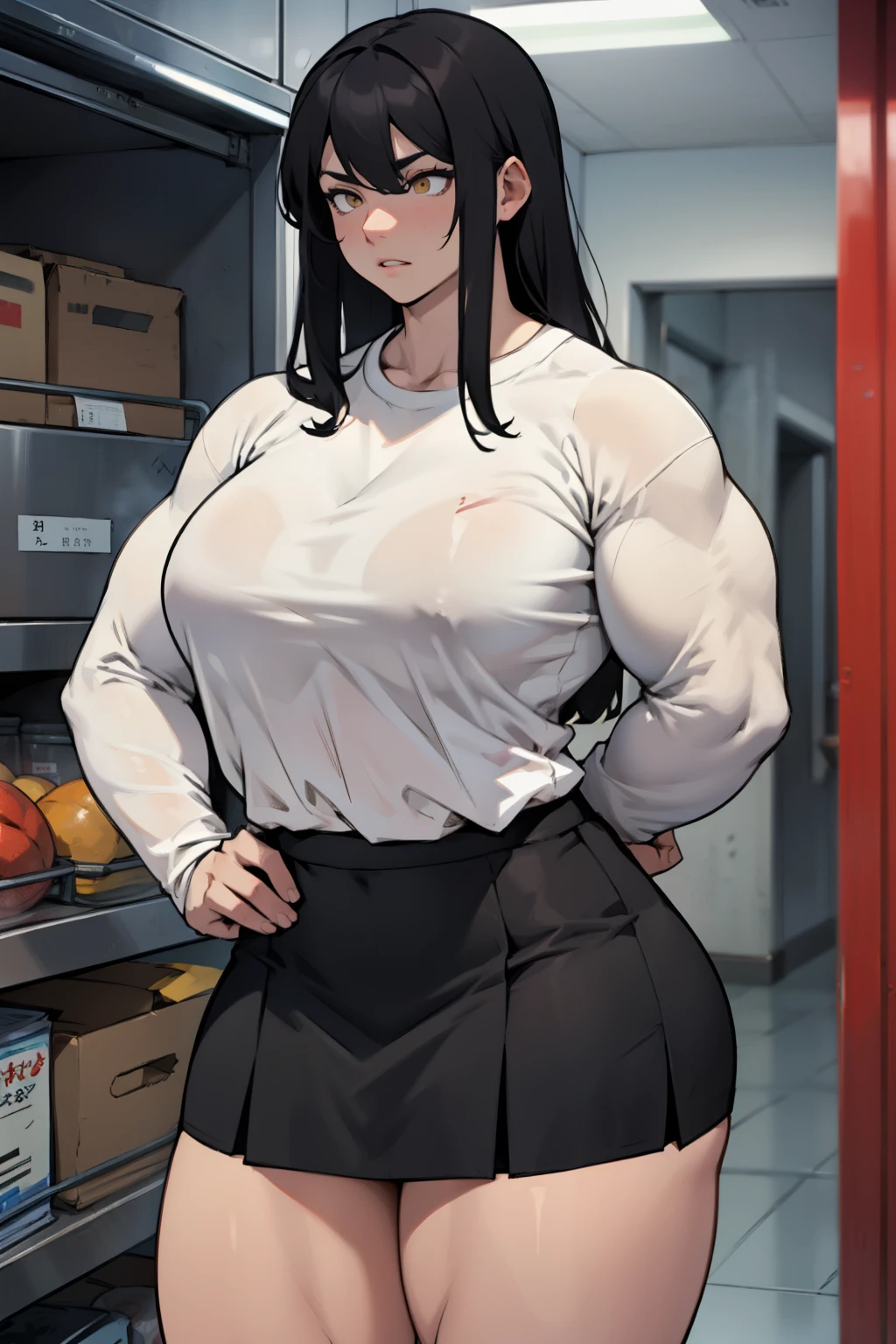 huge muscles huge breasts huge thighs pale skin black hair yellow eyes very long hair muscular girl sad expressionless plated skirt long sleeve long sleeve over-sized t-shirt over-sized t-shirt