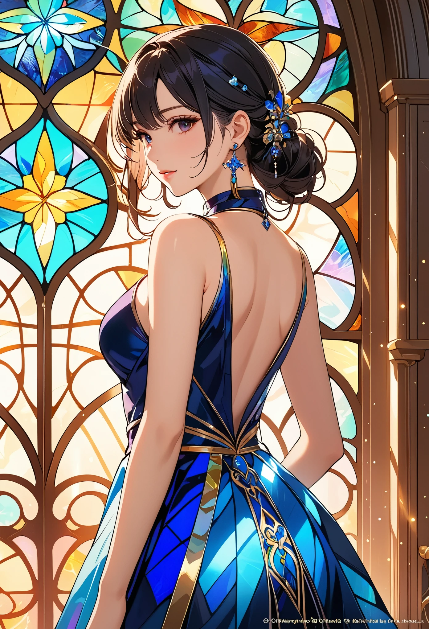 (masterpiece, Top quality, best quality,Official Art, beautiful and aesthetic:1.2),(1 Girl:1.3), 1 Girl BREAK stained glass art, Multicolored Glass, lead lines, Light penetration breaks up the bright colors, Complex design, Glow Effect, Atmosphere