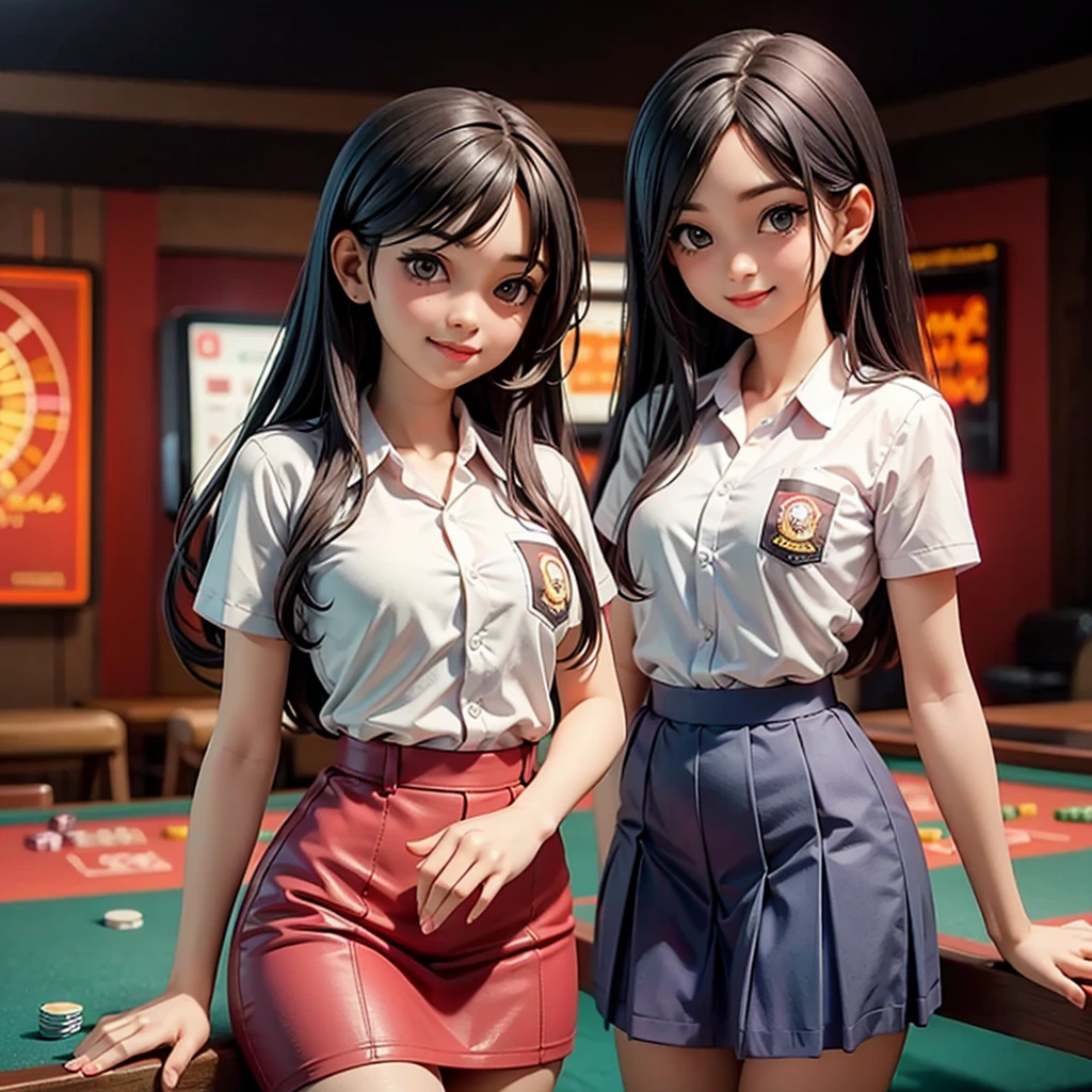 happy and smile, {{indonesian girl}}, {wearing high school uniform}, teasing and waiting customer play, standing, playing in casino, red casino background, polite and kind, Sweet Face,