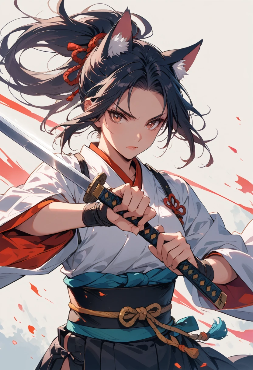 Samurai,with cat ears, light bust cut, Sword in both hands