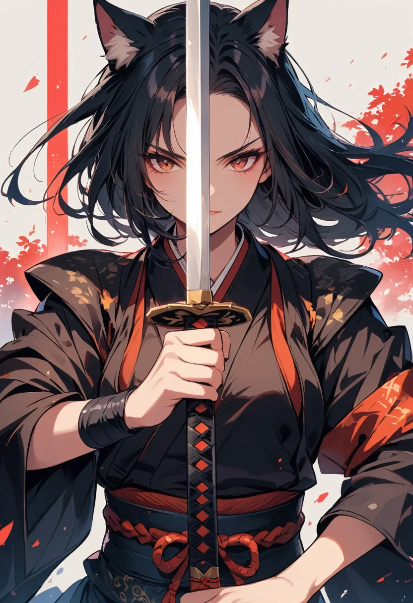 Samurai，with cat ears, light bust cut, Sword in both hands