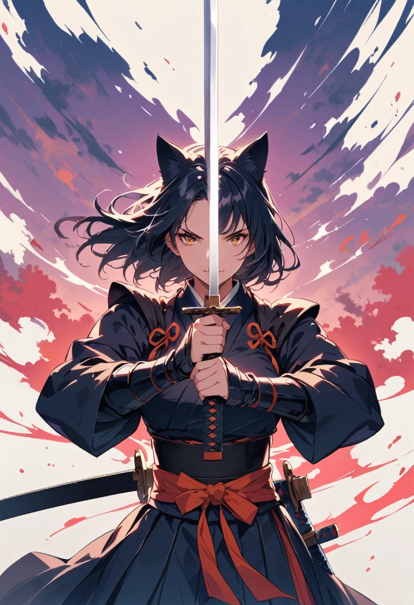 Samurai,with cat ears, light bust cut, Sword in both hands