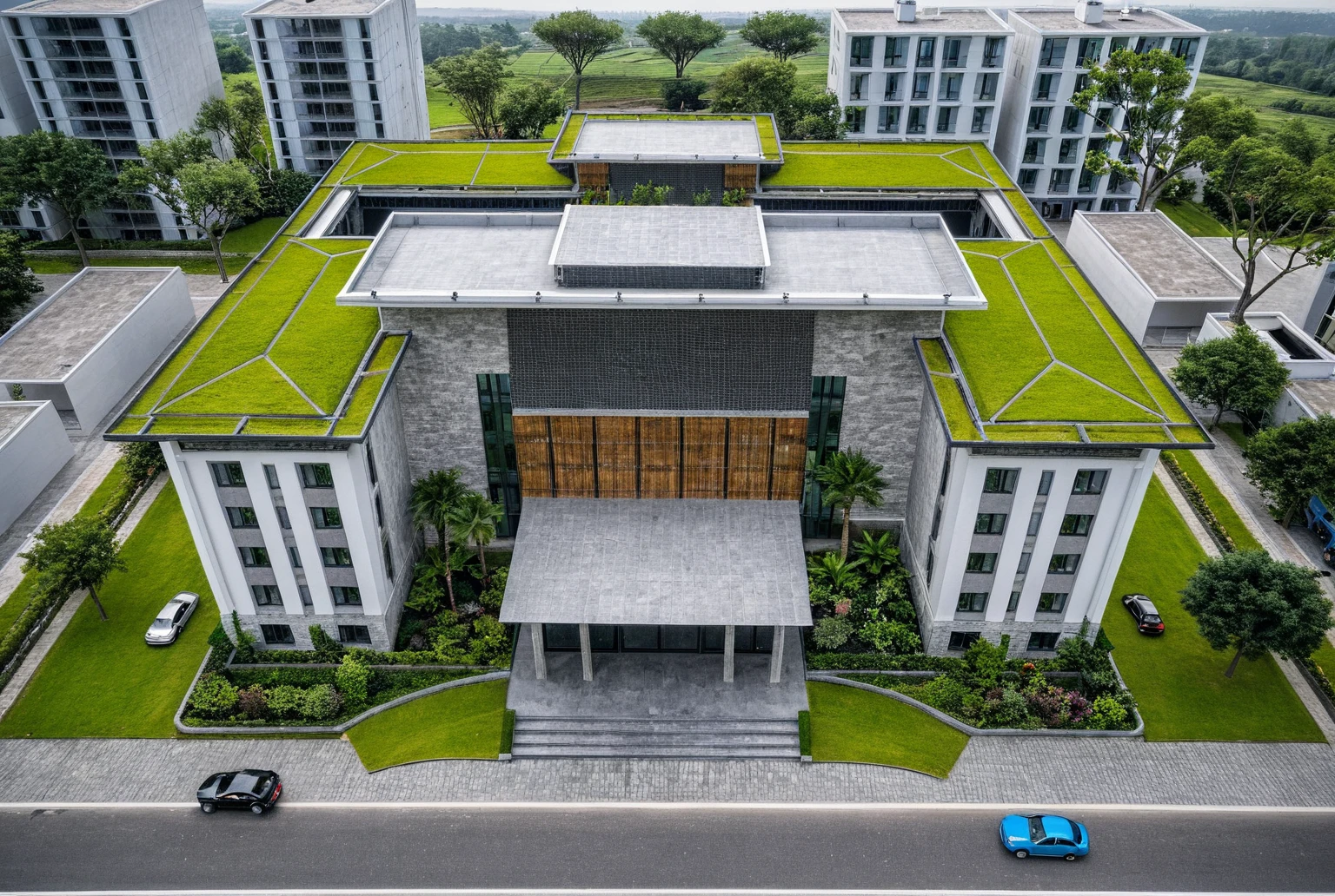 raw photo ,Masterpiece, high quality, best quality, authentic, super detail, outdoors, onestoreyvillaXL, aiaigroup, house style modern on the street ,stairs, white wall ,road,pavement, grass, trees, sky, cloud, (daylight:1.1)