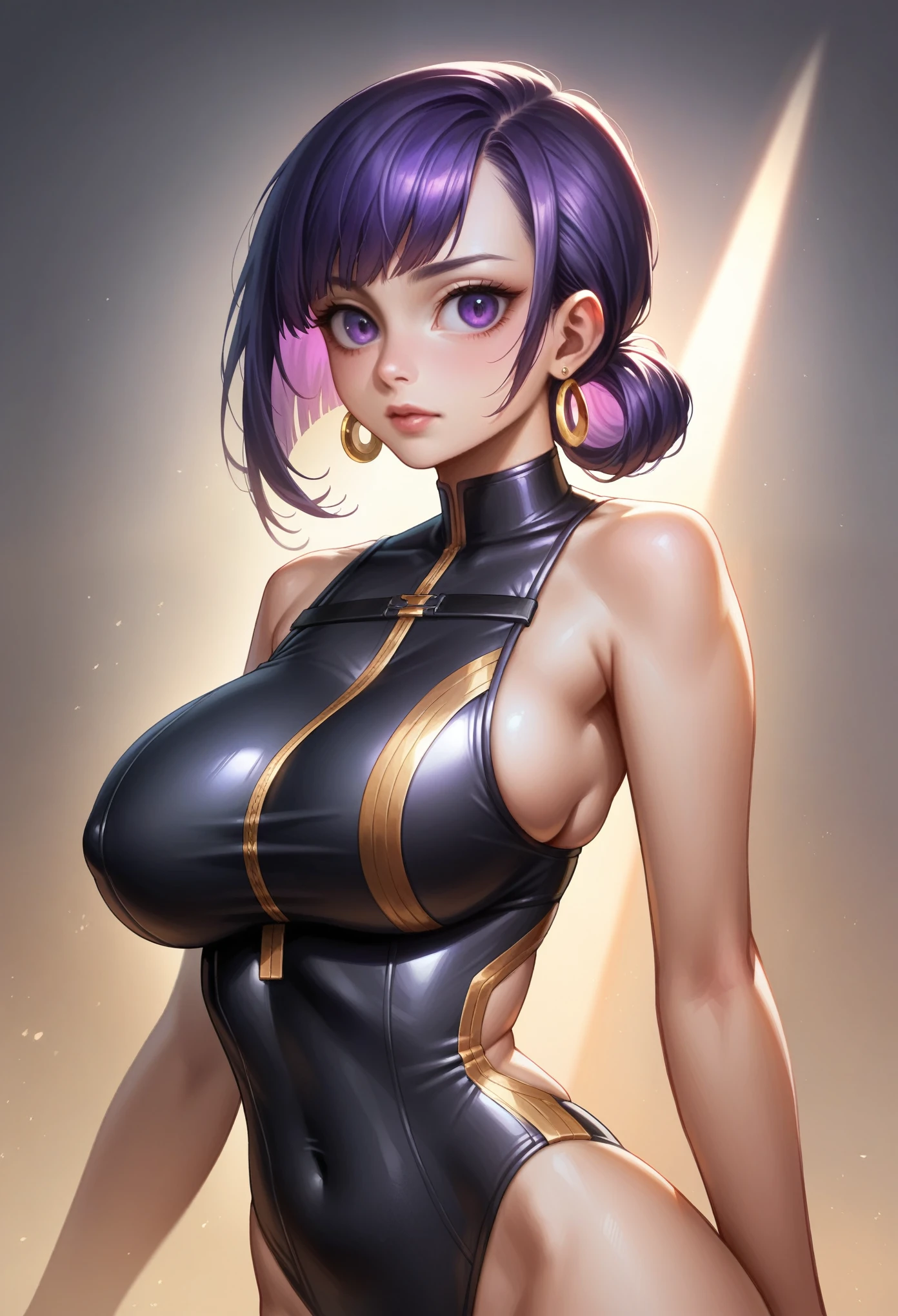 A with pure white straight hair, Latin ancestors, Purple Iris, Wearing a black tactical suit with gold thread、She wears gold earrings in the shape of snakes. Big eyes, Detailed face, Complex grunge costumes, Cinema Lighting, Realistic concept art with strong backlighting,Girl,,Swimwear,Large Breasts