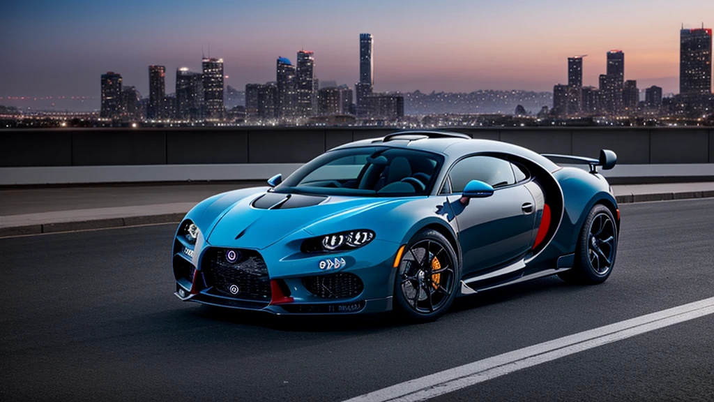 generate an hd cinematic picture of a buggati chiron with a cinematic city skyline background