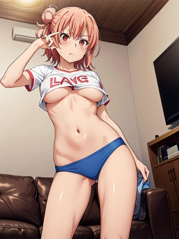 ((masutepiece, Best Quality, hight resolution, nffsw, Perfect Pixel, depth of fields, 4K, )), 1girl in, Solo, , Beautiful anime girl, Beautiful Art Style,
very low view angle:1.3, full body:1.5, living room background,
Perfect body, serious face:1.5 shot from below:1.4, underboob:1.4, tshirt, show nipples:1.5,
Yuigahama Yui, Hair bun, short hair, large breasts,
Full face blush, red face,
straight on:1.3, medium shot