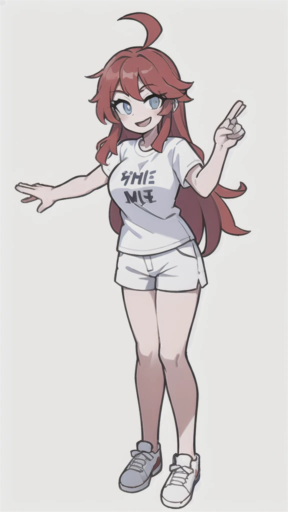 ((masterpiece, best quality)), (1girl), (solo), (female focus), (ahoge, red hair, long hair), blue eyes, light smile, open mouth, ((white shirt), (t shirt),, (white shorts), ( standing, white background, full body