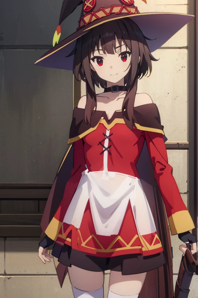 Megumin,1 girl,Lori,small boobs,ojos rojos,Bloqueos laterales largos,brown hair,pelo corto,sentado en,QUEBRAR (Obra maestraMejor calidad,Perfect anatomy,Manos perfectas,extremidad perjecta,Detalles altos),