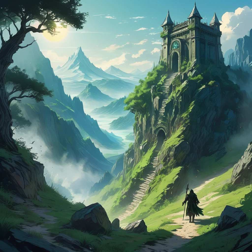 Amidst the rugged peaks of the Verdant Spine Mountains, where emerald valleys stretch beneath an endless sky and ancient stones bear witness to forgotten battles, strides a young farmhand named Ealdric. His tousled black hair catches the sunlight filtering through dense canopies of towering pines, casting dappled shadows on his weathered brown tunic and leather breeches.
Ealdric's journey through the mountain pass is fraught with both peril and wonder. Around him, the land teems with whispers of eldritch creatures and the remnants of ancient magic—a testament to a time when wizards and warlords waged battles for dominion over these untamed lands. The air is alive with the scent of pine and wildflowers, and the distant cry of a mountain hawk echoes through the valleys below.
With a satchel slung over his shoulder and a wooden staff in hand, Ealdric navigates the winding trails that lead deeper into the heart of the mountains. Each step brings him closer to the mysteries that lie hidden amidst the craggy peaks and shimmering lakes, where legends of lost kingdoms and fabled treasures beckon to those brave enough to seek them.
In the distance, the silhouette of an ancient watchtower stands sentinel against the azure sky, its crumbling battlements a testament to the passage of time and the resilience of those who once called these mountains home. Ealdric pauses, gazing out across the sweeping vista of rolling hills and verdant meadows that stretch as far as the eye can see—a world ripe with adventure and untold secrets waiting to be discovered.
In this AI-generated image inspired by medieval dark fantasy, capture the essence of Ealdric's journey: the juxtaposition of youthful innocence against the backdrop of a rugged and mystical landscape, where every shadow holds the promise of peril and every ray of sunlight illuminates the path to destiny.
