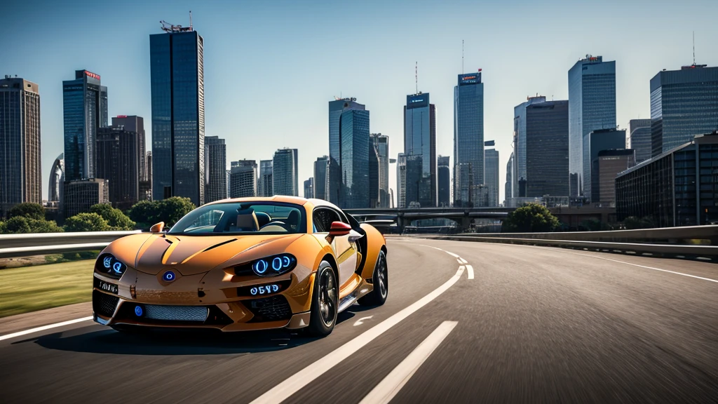 generate an hd cinematic picture of a buggati chiron with a cinematic city skyline background