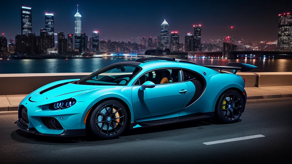 generate an hd cinematic picture of a buggati chiron with a cinematic city skyline background 