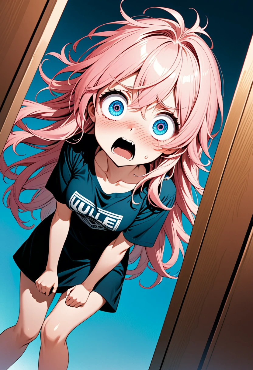 detailed illustration, dynamic angle, ultra-detailed, illustration, 1girl, 24 years old, short pink hair, wild hair, bright blue eyes, detailed eyes, standing in doorway, medium breasts, wide eyes, shocked, horrified, embarrassed