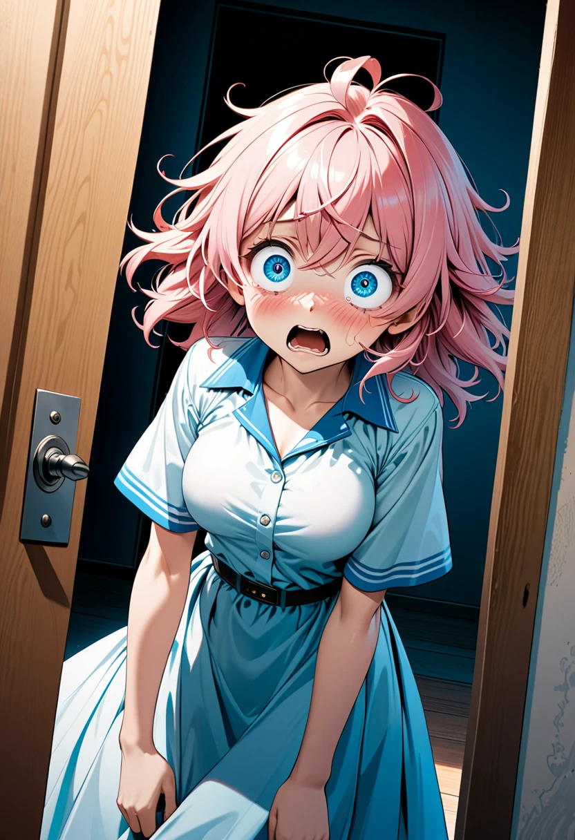detailed illustration, dynamic angle, ultra-detailed, illustration, 1girl, 24 years old, short pink hair, wild hair, bright blue eyes, detailed eyes, standing in doorway, medium breasts, wide eyes, shocked, horrified, embarrassed