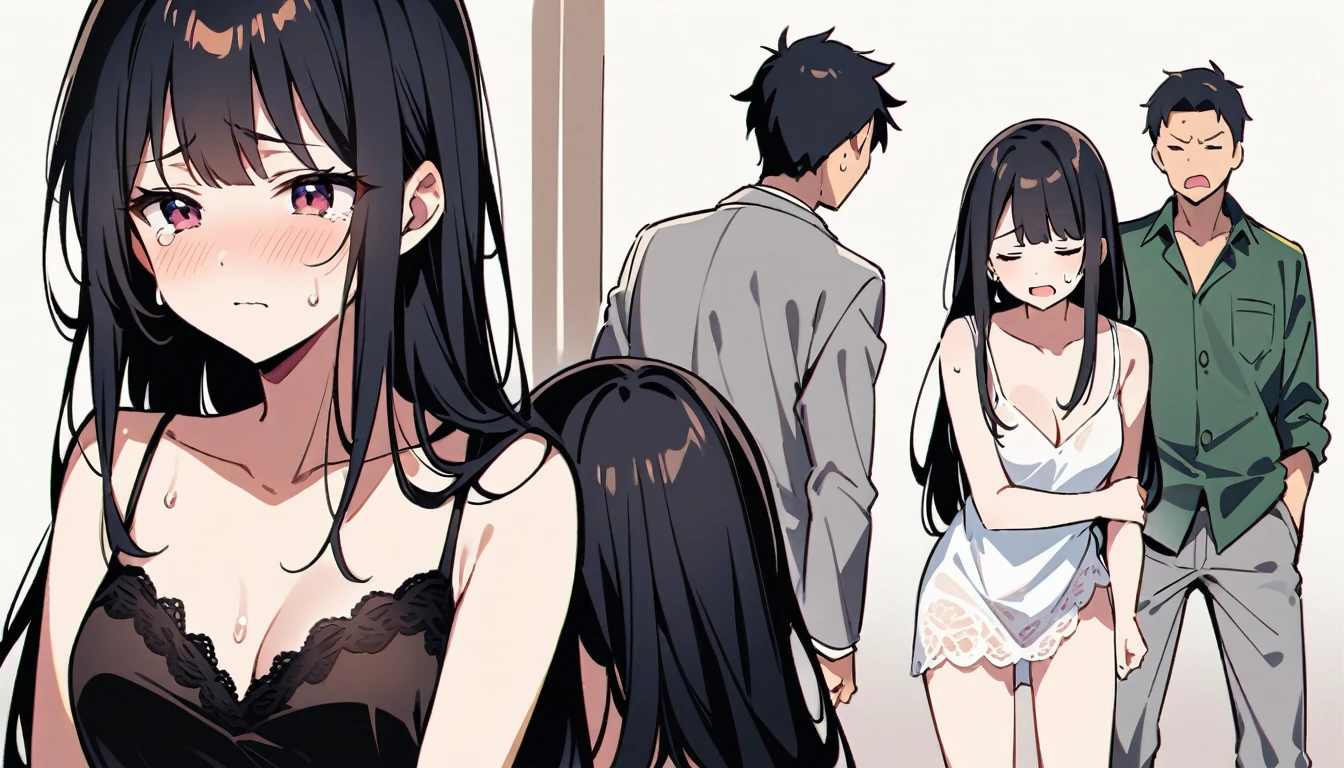 Long black haired girl、20age、clear、White luxurious lace long slip、In underwear、Sexual violence、Single image、fear、resistance、Shyness、Crying face、Standing posture、Men's Room