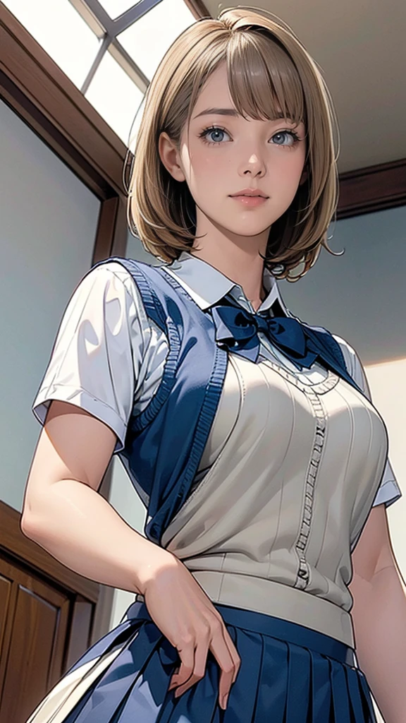 (masterpiece:1.2, highest quality), (realistic, photorealistic:1.4), beautiful illustrations, (natural side lighting, movie lighting), Depth of written boundary,
looking at the viewer, (face focus, Upper body), Front view,fullbody, 1 girl, English, high school girl, , perfect face, Cute symmetrical face, shiny skin,
(bob hair:1.7,blonde), asymmetrical bangs, Big eyes, droopy eyes, long eyelashes chest), thin,
beautiful hair, beautiful face, fine and beautiful eyes, beautiful clavicle, beautiful body, beautiful breasts, beathighs, beautiful feet, beautiful fingers,
((fine fabric texture, Brown knitted vest, short sleeve white collar shirt, navy pleated skirt, Navy bow tie)),
(beautiful scenery), evening, (Inside the flower shop), Are standing, (smile, Upper grade, open your mouth), (from below:1.5),(visibility is low:1.5), (((No panties, genitals v))