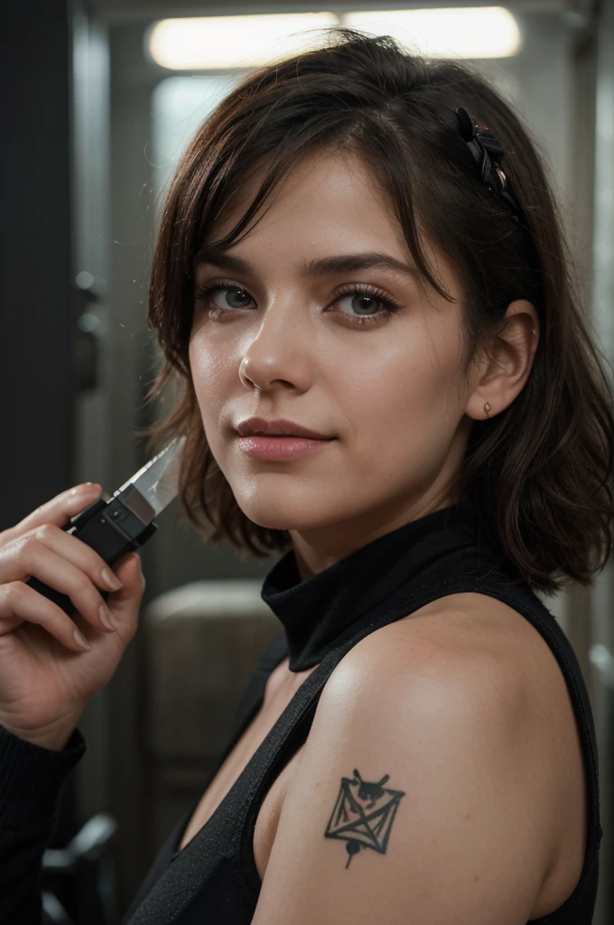 (masterpiece:1.2, best quality, ultra detailed, colorfull neon ratio, ultra realistic:1.3), Theatrical lighting:1.7, Photo of a Curvy retro-futuristic mercenary woman inspired by Rebecca from Cyberpunk: Edgerunners, dressed in retrofuturistic attire (Tops, T-Shirts, Tight Shirts, Tight Dresses:1.0), vibrant makeup, pub basement setting with a wall full of retro weapons, perfect rare face, highly detailed skin, curly hair with colorful streaks and many hair bows, Hide mouth with hands, inked tattoos, pale shiny skin, thin, large size, Sharp focus on rare face, perfect eyes:1.2, photorealistic, film grain, one foot forward, from below looking up, look at camera, Emphasize shoulders with holster, scabbard, tactical knife, Focus on face, stockings, Scarves, Collars, smile with raised mouth corners, disdainful expression, night lights, instagram style, backlit, outer space, retro tech, cyberpunk, Retrofuturism, 80's perm, foggy, misty, 80's house, muted warm colors, Theatrical portrait, neon night lights, tilted:1.3, suburban retrofuturistic mercenaries, cautious, spotlight, volumetric dust clouds, key light, backlight, Ray Tracing, soft natural neon lighting, film grain ISO 400, 30 mm lens, RAW f1.8 aperture, analog photography, hdr colors