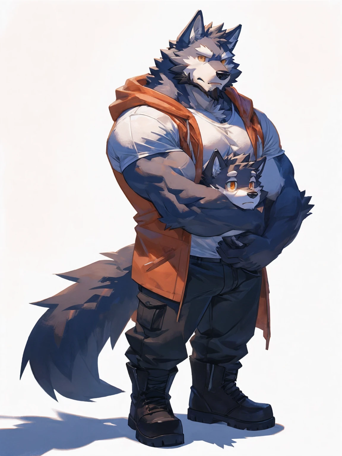 (masterpiece:1.2), best quality,pixiv,official art,perfect anatomy, (Ray tracing, light),solo, (1_male:1.3) , (muscle), (grey fur:1.4), (muscle bear), (beard:1.2), (gleaming golden eyes), bear tail, Thick eyebrows, open hoodie, (white t-shirt inside:1.2), cargo pants , boots, (pure white background: 1.3), (hug a dead wolf man :1.3) ,Cry his's Eyes out