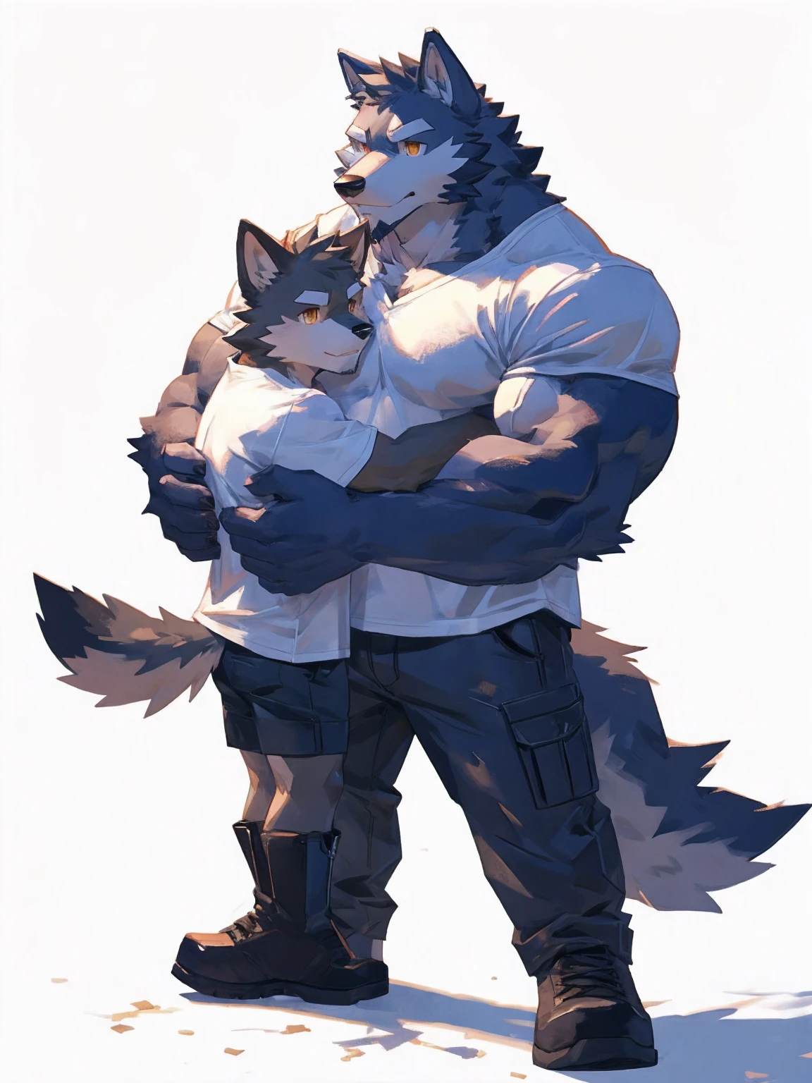 (masterpiece:1.2), best quality,pixiv,official art,perfect anatomy, (Ray tracing, light),solo, (1_male:1.3) , (muscle), (grey fur:1.4), (muscle bear), (beard:1.2), (gleaming golden eyes), bear tail, Thick eyebrows, open hoodie, (white t-shirt inside:1.2), cargo pants , boots, (pure white background: 1.3), (hug a dead wolf man :1.3) ,Cry his's Eyes out