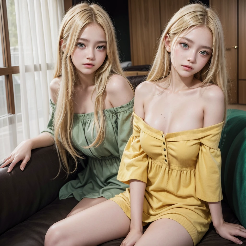 Emma Sano, hair blonde, yellow eyes, long hair, 14歳, skin fair, regatta, green shirt, Off-the-shoulder dress, face detailed, Extremely beautiful face, Beauthfull, exquisite face, Japanese, sofa, sitting half naked having sex