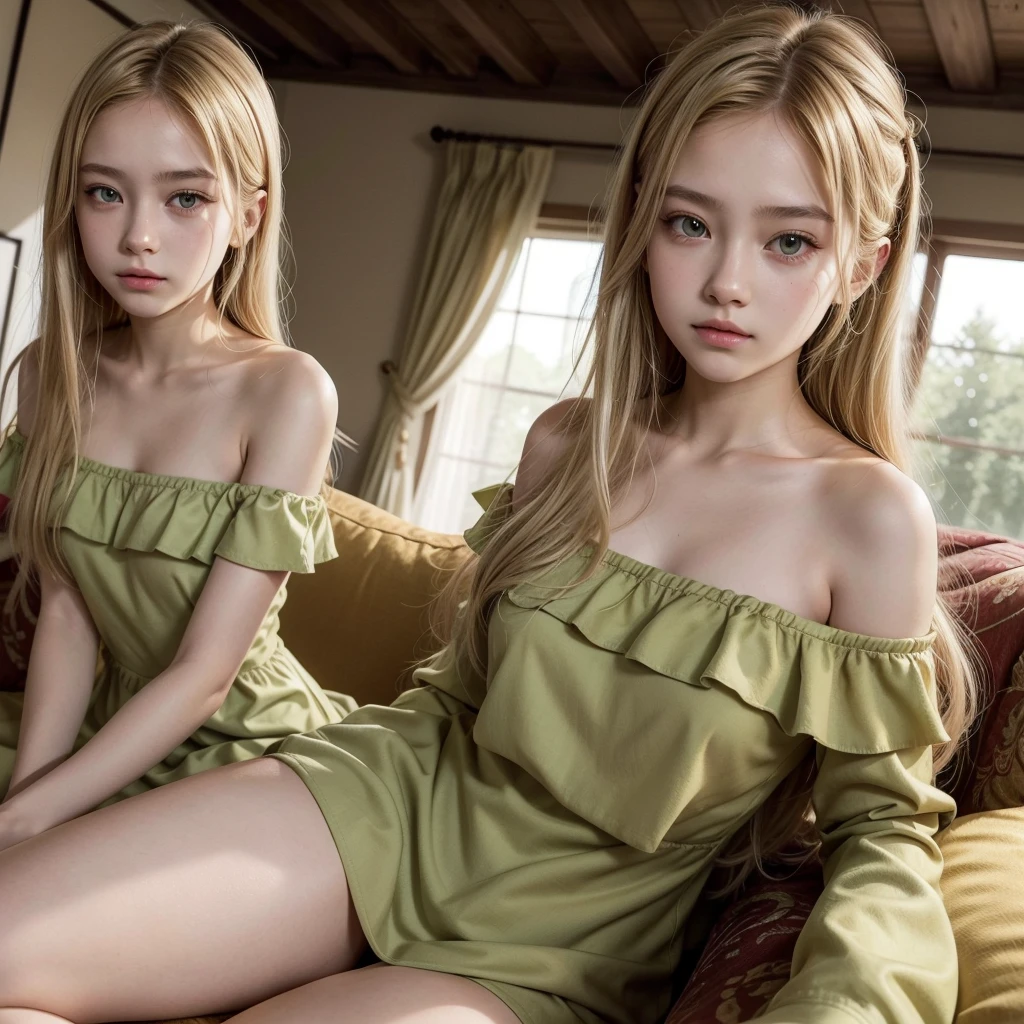 Emma Sano, hair blonde, yellow eyes, long hair, , skin fair, regatta, green shirt, Off-the-shoulder dress, face detailed, Extremely beautiful face, Beauthfull, exquisite face, Japanese, sofa, sitting half naked having sex