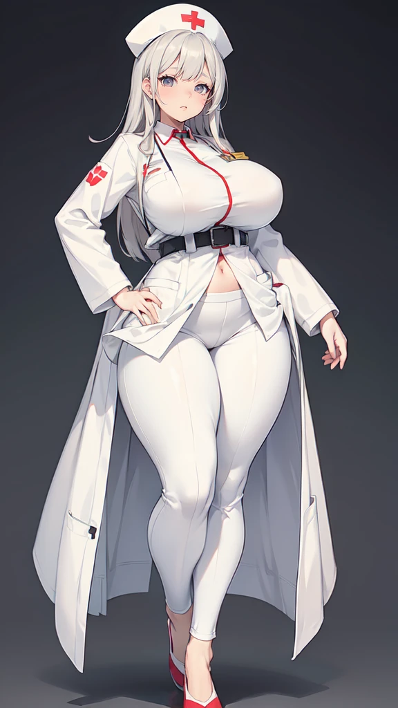 ((blank background)), masterpiece, best quality, silver hair, (big breast:1), ((full body framing)), symmetry, nurse woman, nurse uniform, nurse cap, long pants, ((curvy)), wide hips thick thighs, only white, all white, belt below navel, ((lab coat))