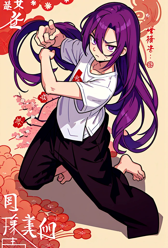 Boy with very long and intense violet hair, flushed with anger, shy, nervous, pointing forward, white t-shirt, slightly seen from above, full body, Japanese writing background, Japanese cover tags, Japanese lettering, professional manga cover