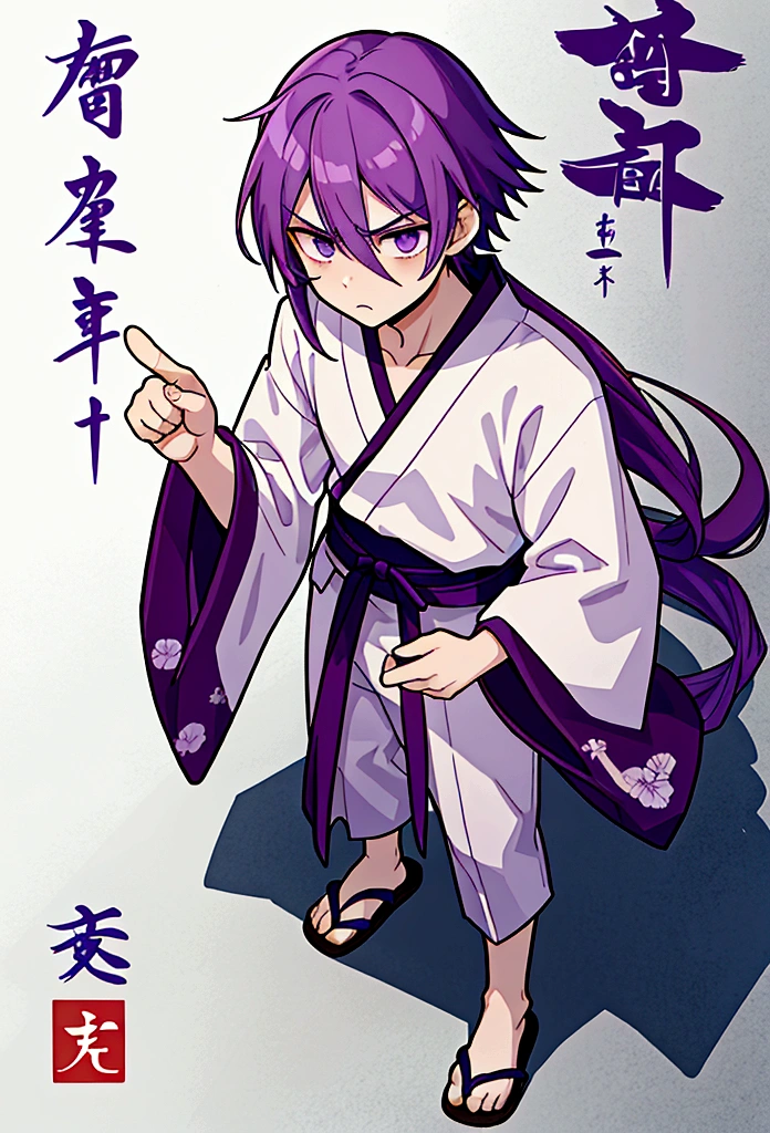 Boy with very long and intense violet hair, flushed with anger, shy, nervous, pointing forward, white t-shirt, slightly seen from above, full body, Japanese writing background, Japanese cover tags, Japanese lettering, professional manga cover