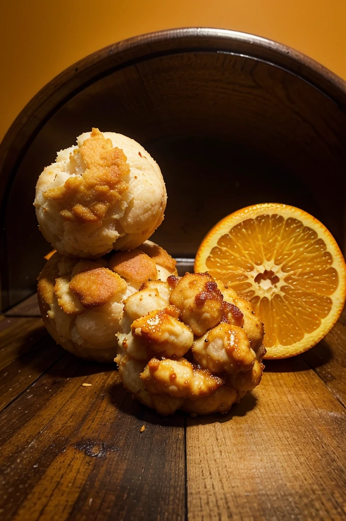 Create a logo that says wholesome nuget with an orange chicken nuget theme