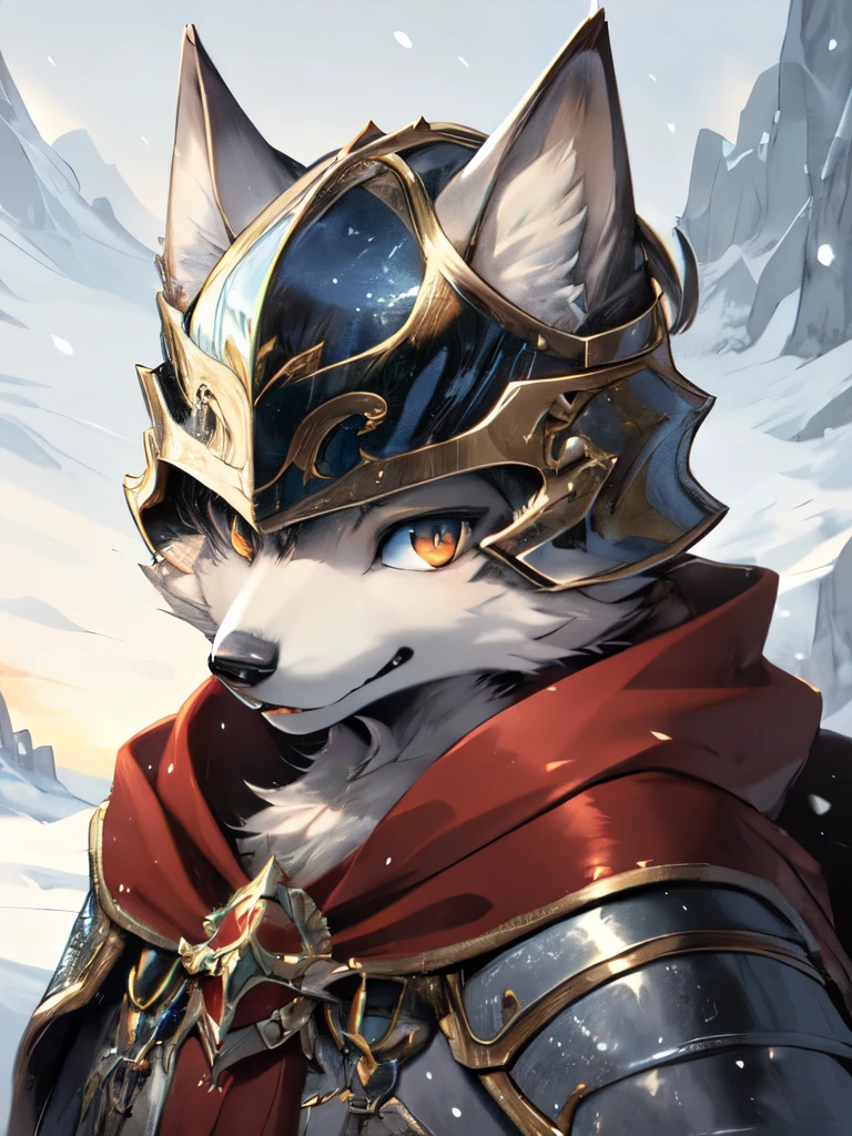 1 person, 8k Werewolf Portrait, Arctic fox, Arctic fur is as white as snow,Paladin, helmet,Red Cape, complex, Very detailed, number, Smooth, Clear focus, illustration, ((masterpiece)),Yoshitaka Amano