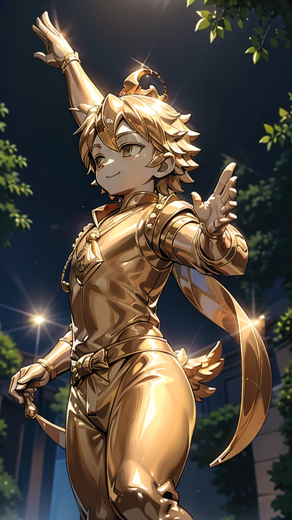 一个男孩的Gold statue旁边停着一只燕子。王子的Gold statue,Prince style,Prince costume,Court dress,Gold statue,男孩的Gold statue,cute boy,femboy,带着黄金冠冕的Gold statue,脚边停着一只燕子的Gold statue,Golden Boy Statue,Gold statue,Cute boy,British style,西式Men's dress,Men's dress,Victorian style,crown,crown,Golden Boy Sculpture,Golden Boy Statue,Gold statue,佩剑的Gold statue,腰带上挂着配剑的Gold statue,Cute boy,The sword hangs on the waist,A sword hangs from his waist,Hand on the sword at the waist,shota,Cute boy,Cute boy,Moe,Giant golden statue,Giant golden statue,Outdoor Background,Smiling statue,Close-up above the waist镜头,Upper body close-up,Close-up above the waist