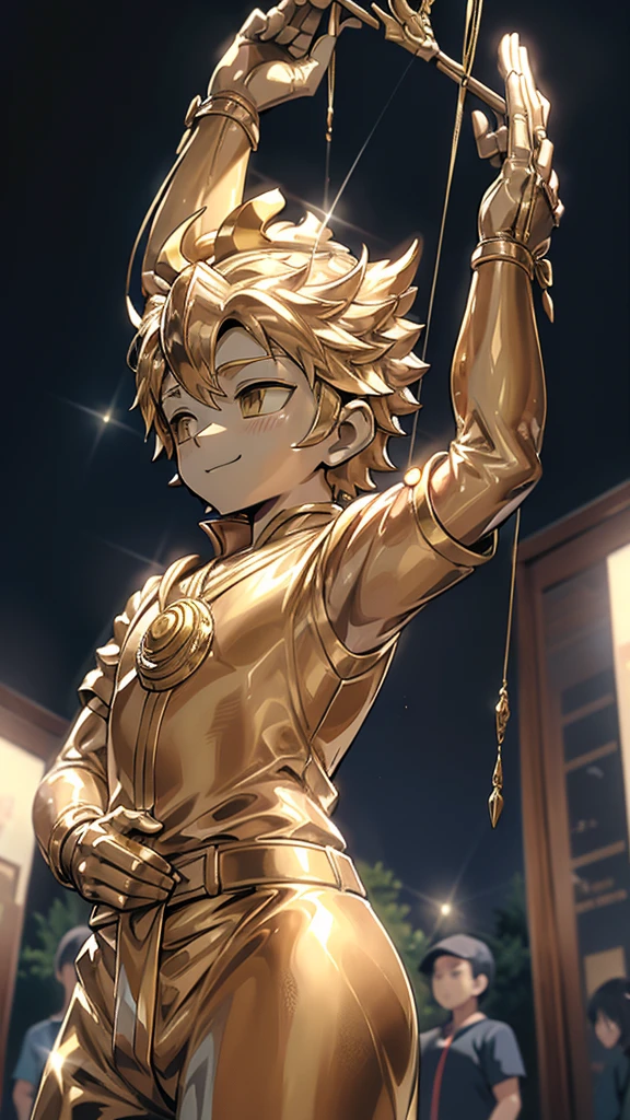 一个男孩的Gold statue旁边停着一只燕子。王子的Gold statue,Prince style,Prince costume,Court dress,Gold statue,男孩的Gold statue,cute boy,femboy,带着黄金冠冕的Gold statue,脚边停着一只燕子的Gold statue,Golden Boy Statue,Gold statue,Cute boy,British style,西式Men's dress,Men's dress,Victorian style,crown,crown,Golden Boy Sculpture,Golden Boy Statue,Gold statue,佩剑的Gold statue,腰带上挂着配剑的Gold statue,Cute boy,The sword hangs on the waist,A sword hangs from his waist,Hand on the sword at the waist,shota,Cute boy,Cute boy,Moe,Giant golden statue,Giant golden statue,Outdoor Background,Smiling statue,Close-up above the waist镜头,Upper body close-up,Close-up above the waist